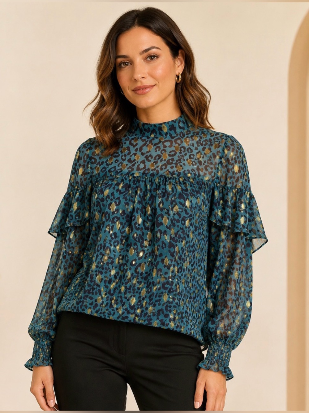 Cheetah Blouse Ruffle High Neck Turquoise Gold S NWT long sleeve animal Print